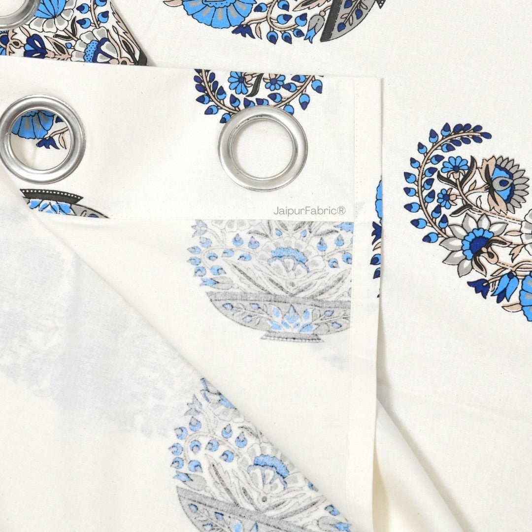 Floral Blue Indian Kairi Design Pinar Block Hand Block Printed Curtains