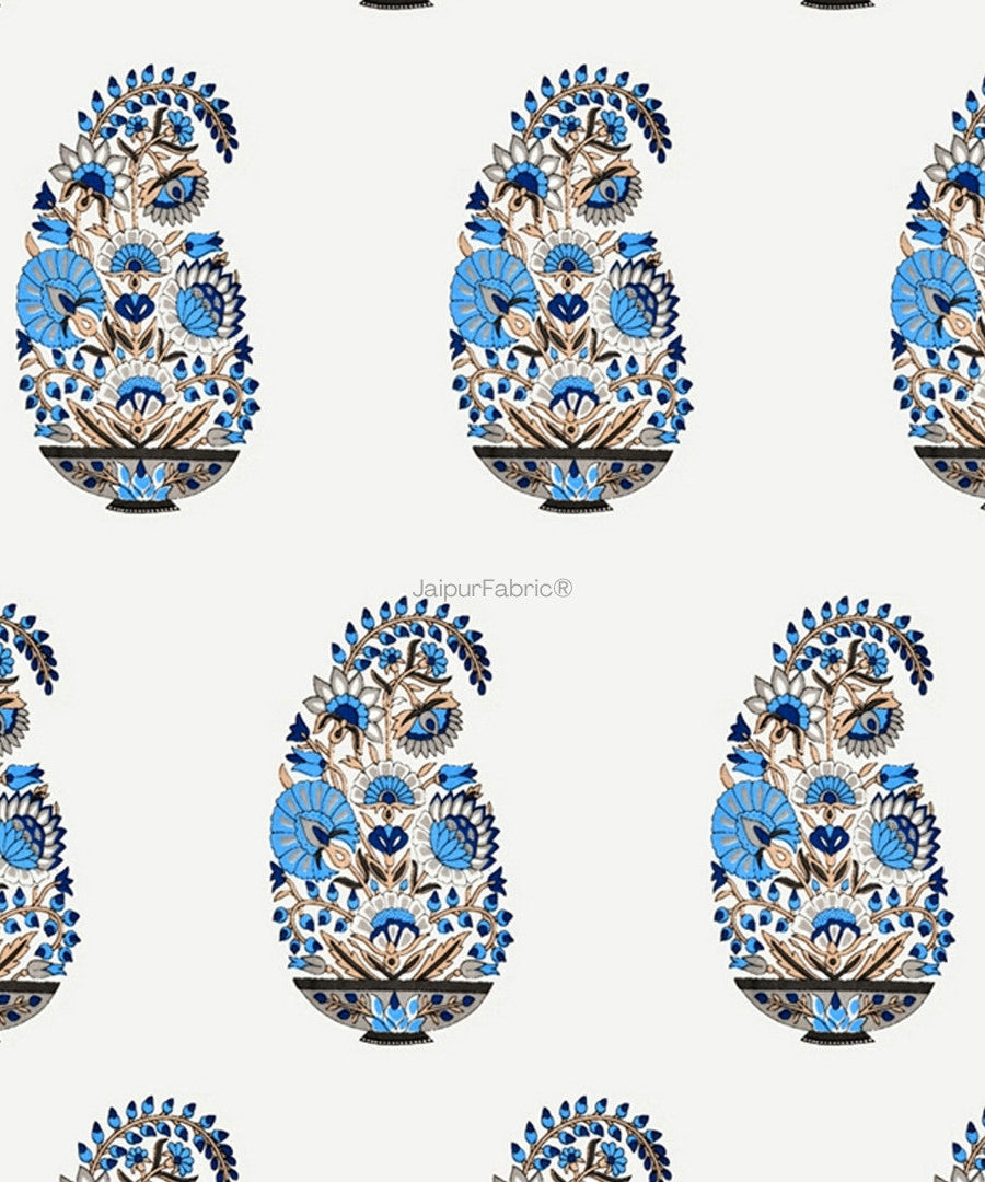 Floral Blue Indian Kairi Design Pinar Block Hand Block Printed Curtains