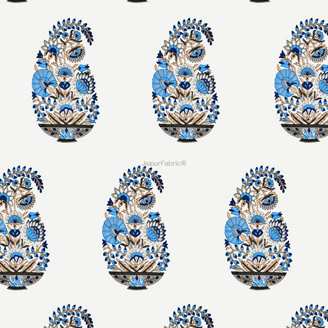 Floral Blue Indian Kairi Design Pinar Block Hand Block Printed Curtains