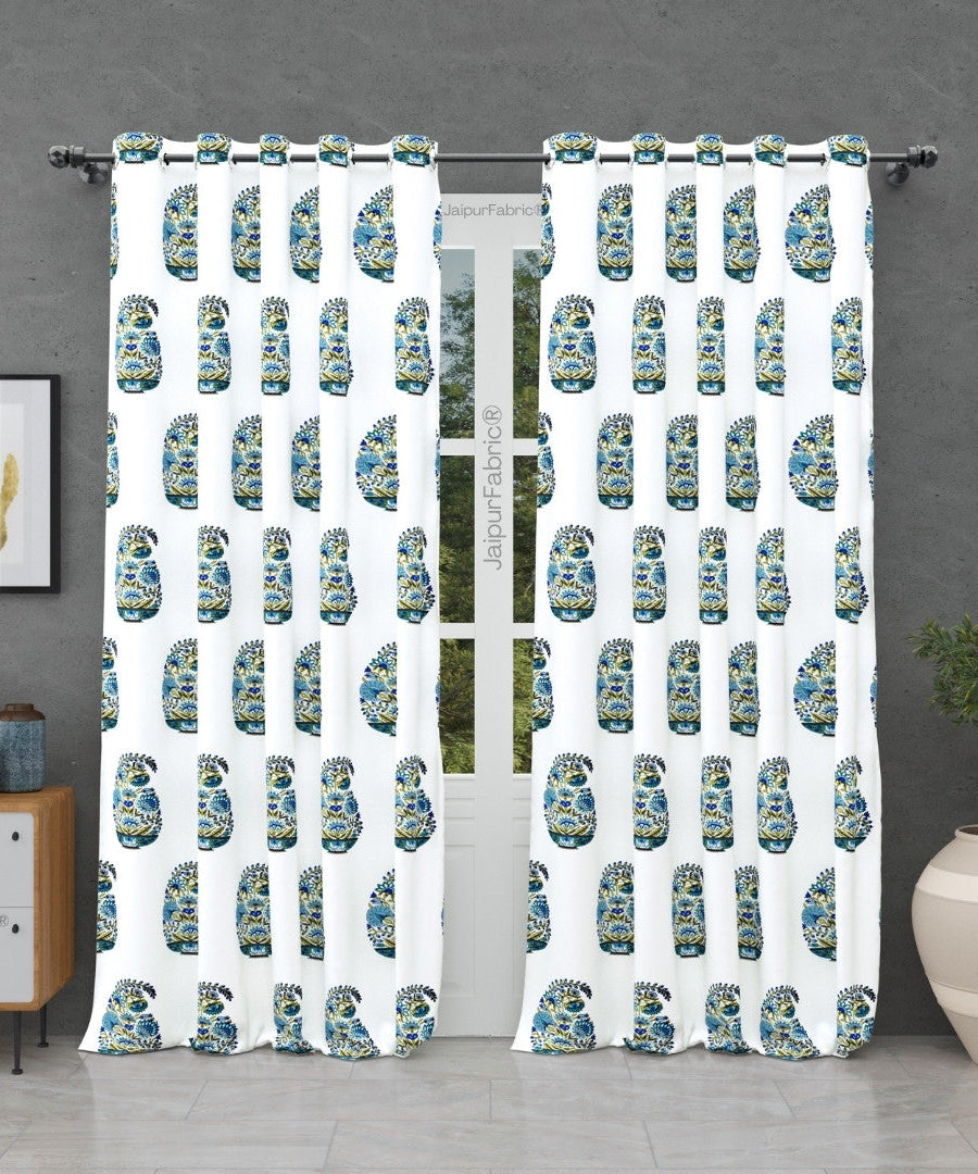 Padma Hand Block Floral Jaipuri Green Kairi Design Curtains Crafted in India