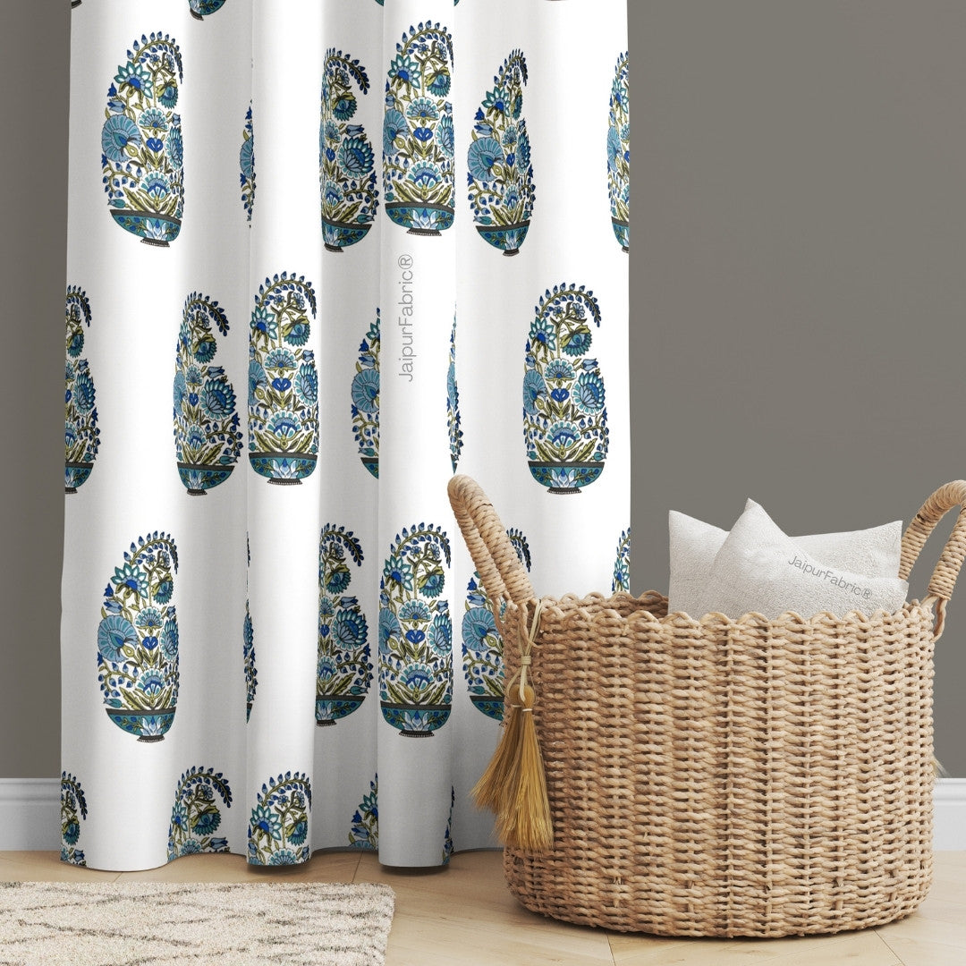 Padma Hand Block Floral Jaipuri Green Kairi Design Curtains Crafted in India