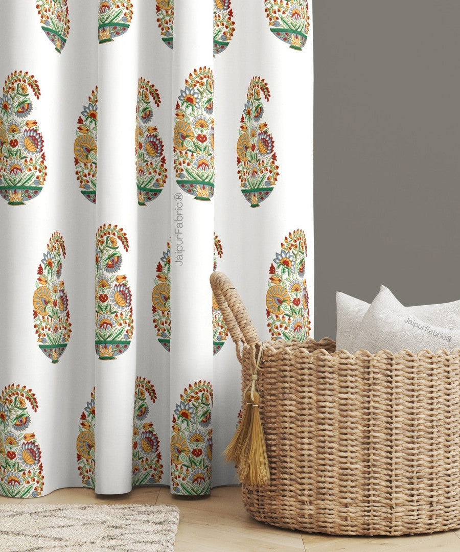 Hand Block Printed Curtains Floral Valley Bunai Pattern Indian Kairi Design Curtains