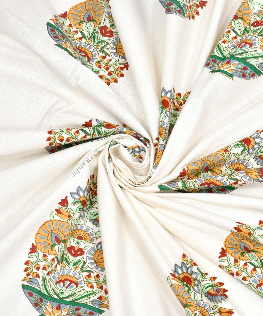 Hand Block Printed Curtains Floral Valley Bunai Pattern Indian Kairi Design Curtains