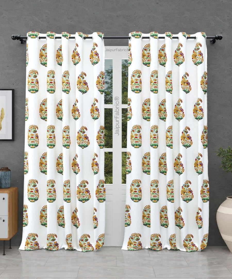 Hand Block Printed Curtains Floral Valley Bunai Pattern Indian Kairi Design Curtains