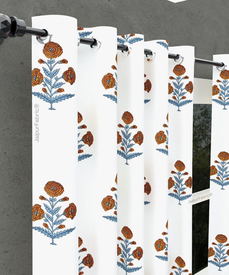 Classic Floral Boota Hand Block Printed Curtains with Marigold Flower and Grey Leaves