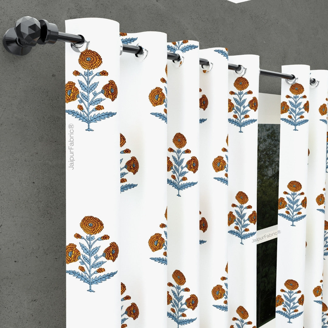 Classic Floral Boota Hand Block Printed Curtains with Marigold Flower and Grey Leaves