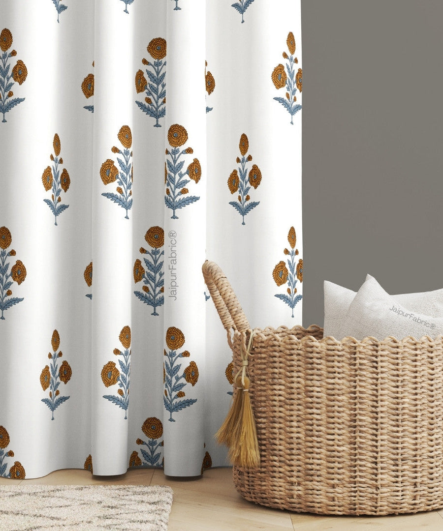 Classic Floral Boota Hand Block Printed Curtains with Marigold Flower and Grey Leaves