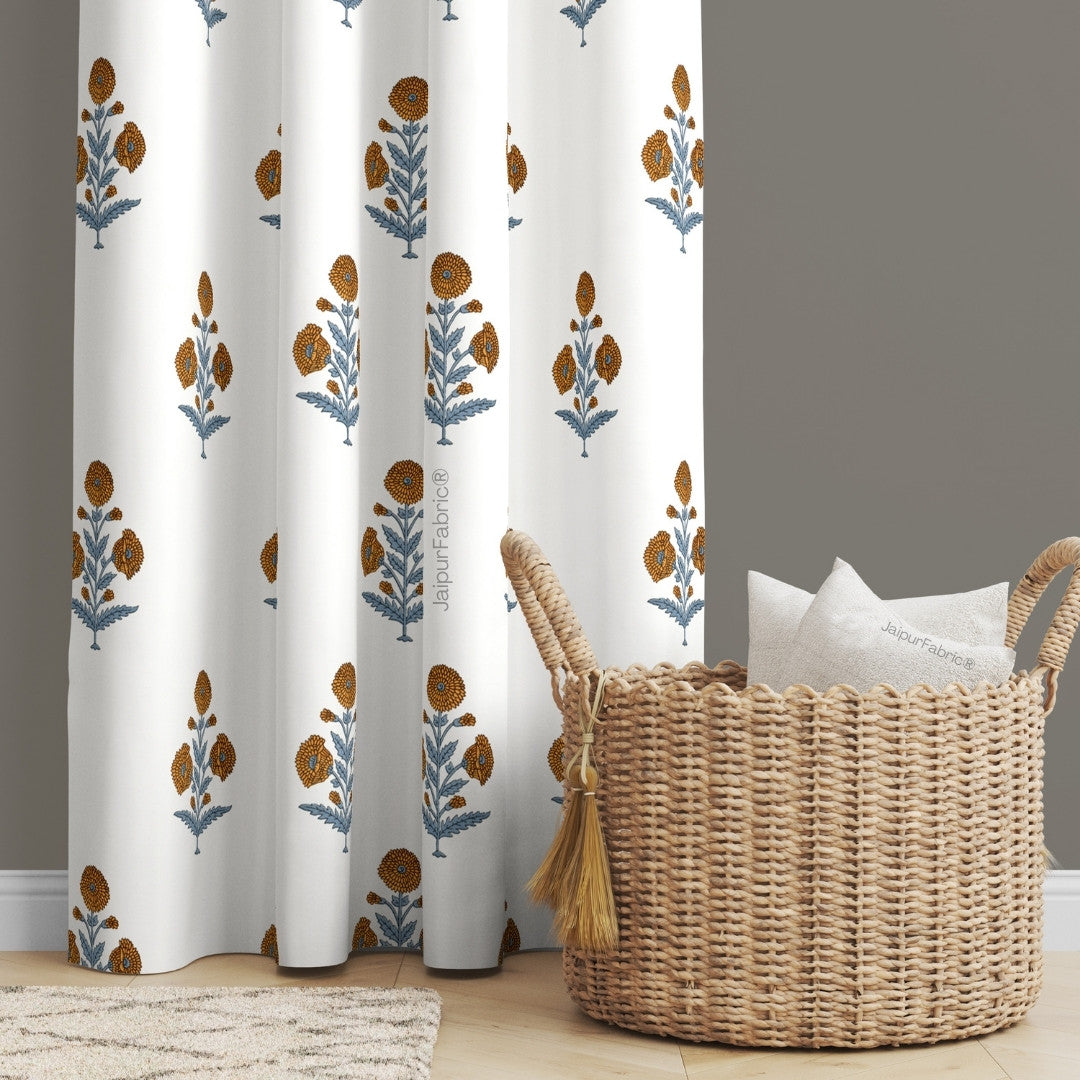 Classic Floral Boota Hand Block Printed Curtains with Marigold Flower and Grey Leaves