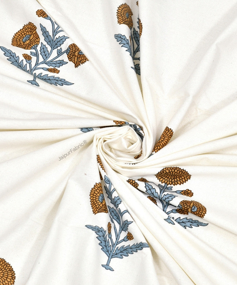 Classic Floral Boota Hand Block Printed Curtains with Marigold Flower and Grey Leaves