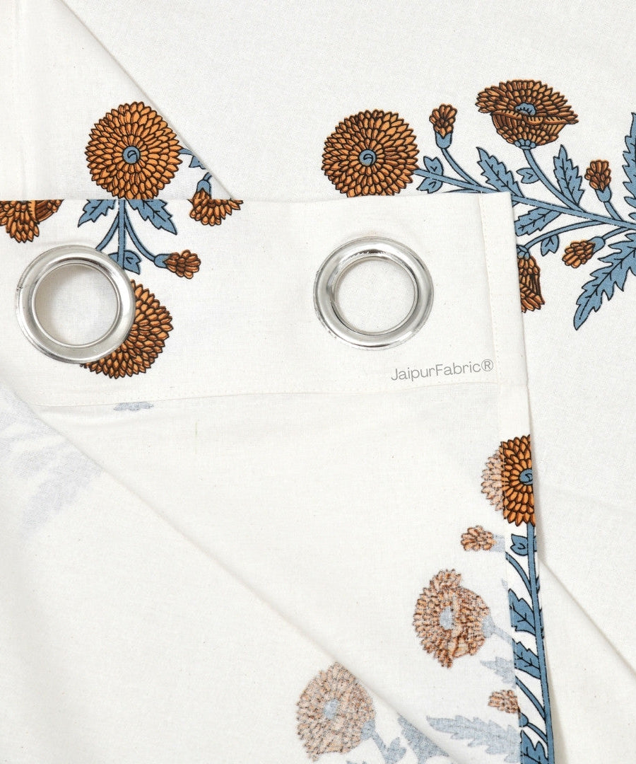 Classic Floral Boota Hand Block Printed Curtains with Marigold Flower and Grey Leaves