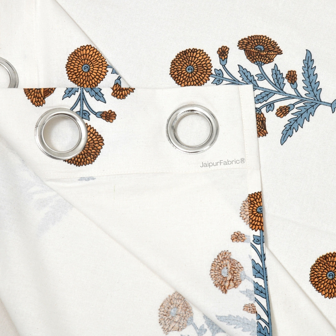 Classic Floral Boota Hand Block Printed Curtains with Marigold Flower and Grey Leaves