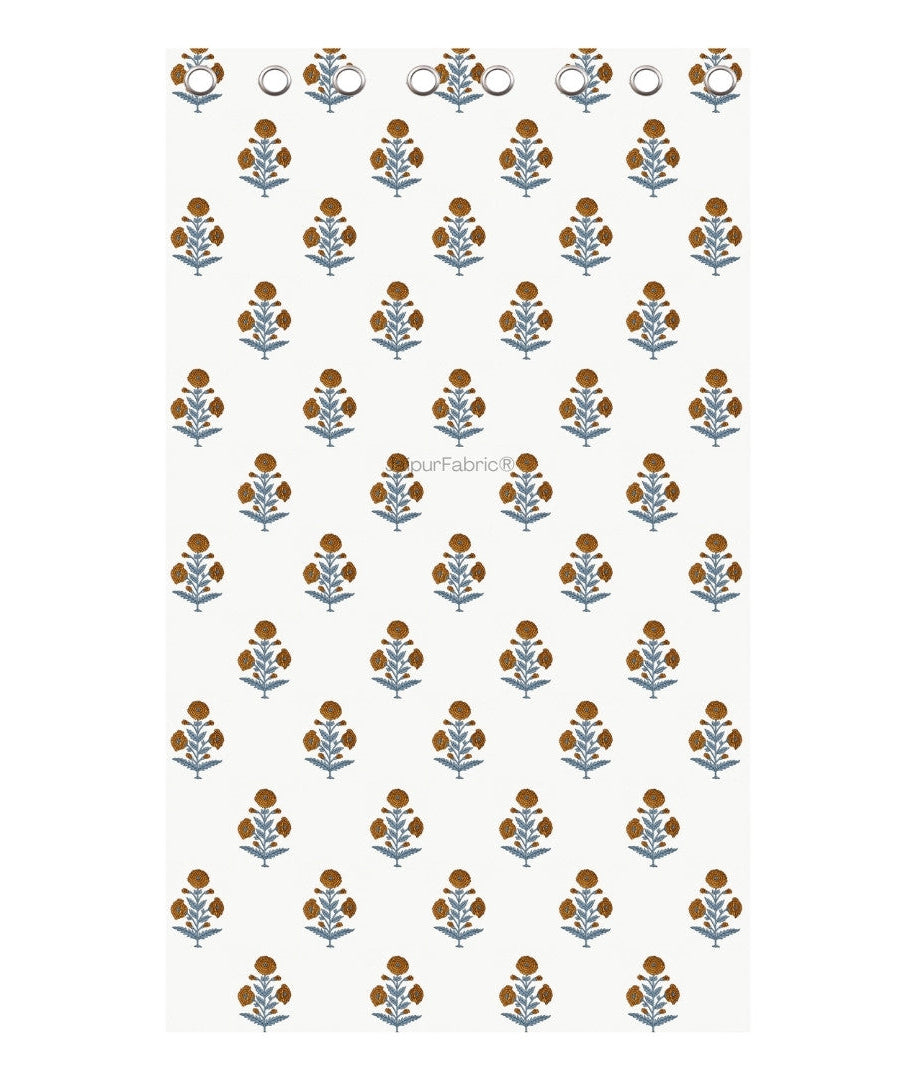 Classic Floral Boota Hand Block Printed Curtains with Marigold Flower and Grey Leaves