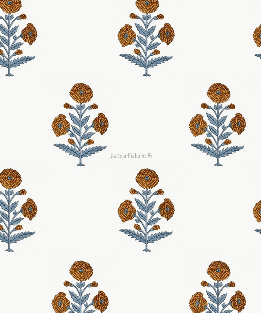 Classic Floral Boota Hand Block Printed Curtains with Marigold Flower and Grey Leaves