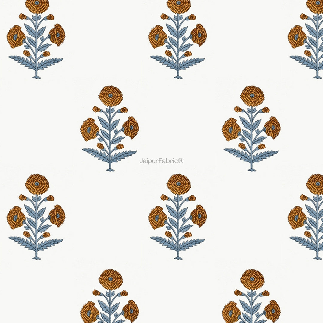 Classic Floral Boota Hand Block Printed Curtains with Marigold Flower and Grey Leaves