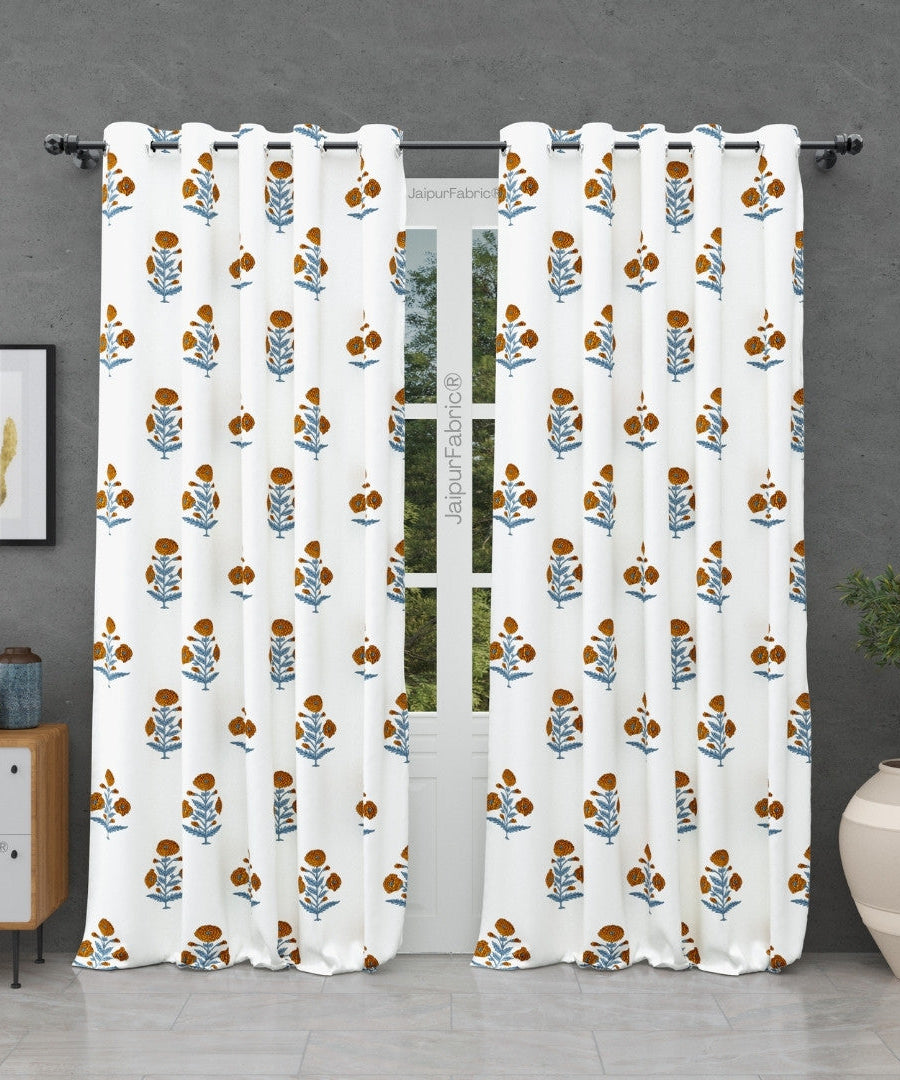 Classic Floral Boota Hand Block Printed Curtains with Marigold Flower and Grey Leaves