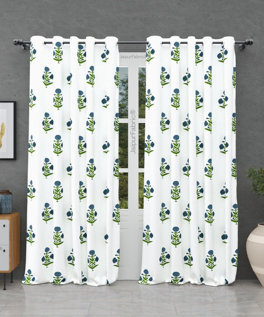 Jaipuri Aachho Hand Block Printed Curtains with Blue Floral Blocks