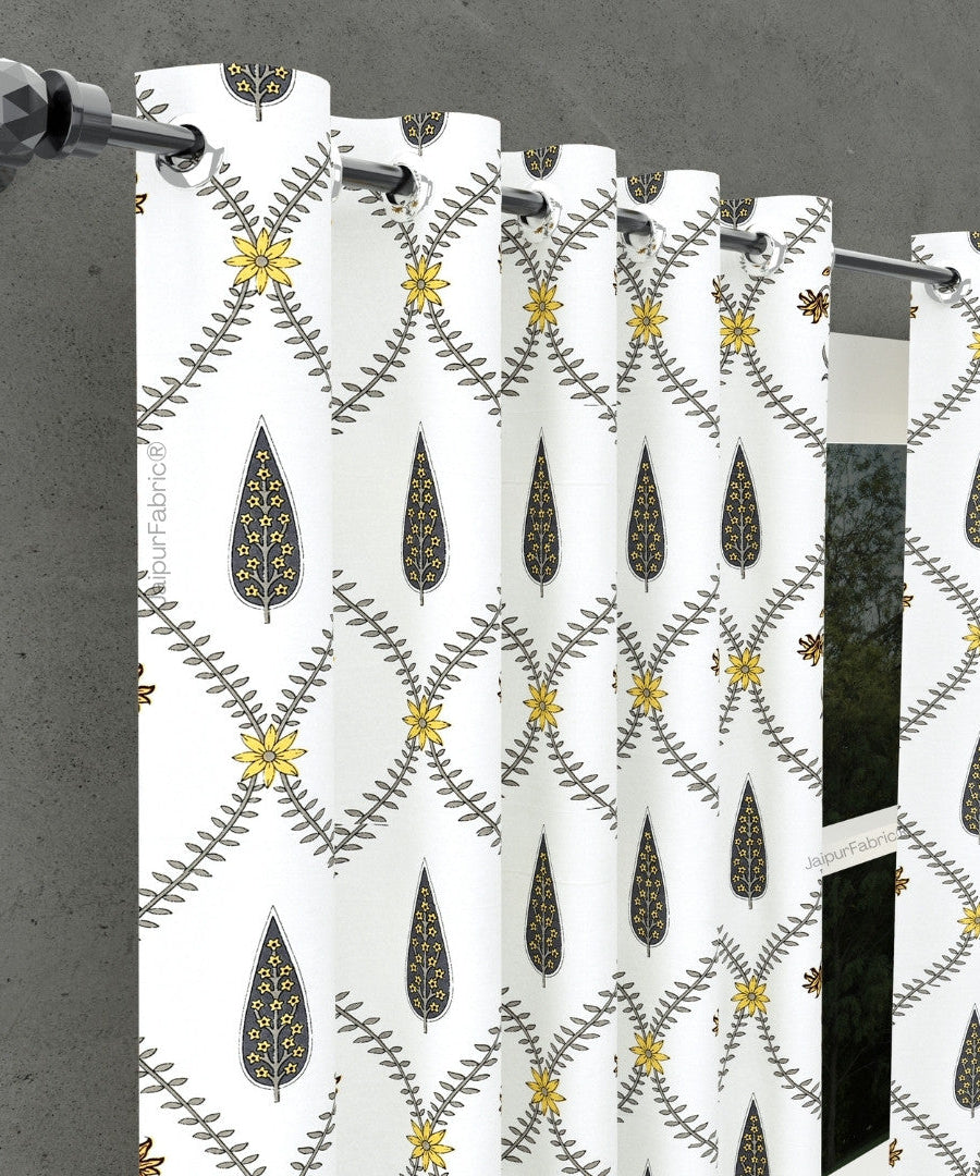 Beautiful Yellow & Grey Pookalam Floral Symphony Rihaa Handblock Printed Curtains