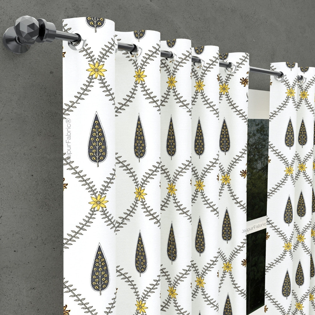Beautiful Yellow & Grey Pookalam Floral Symphony Rihaa Handblock Printed Curtains