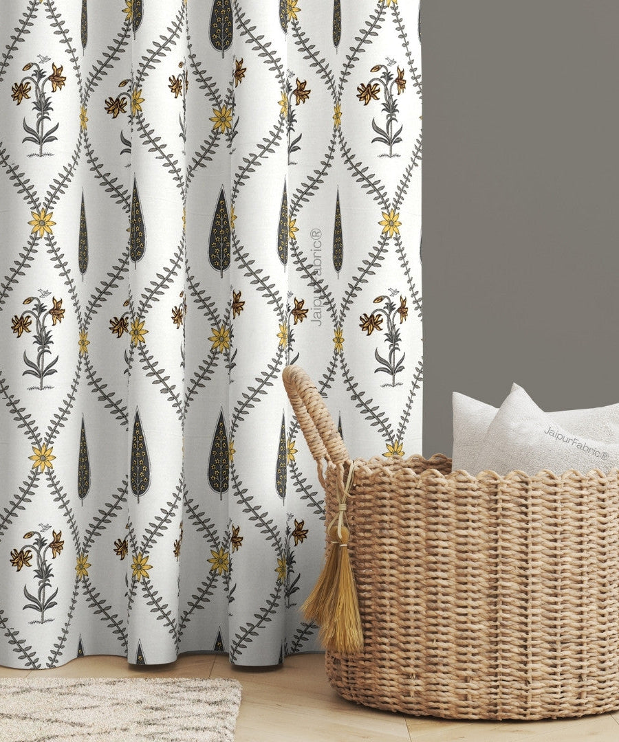 Beautiful Yellow & Grey Pookalam Floral Symphony Rihaa Handblock Printed Curtains