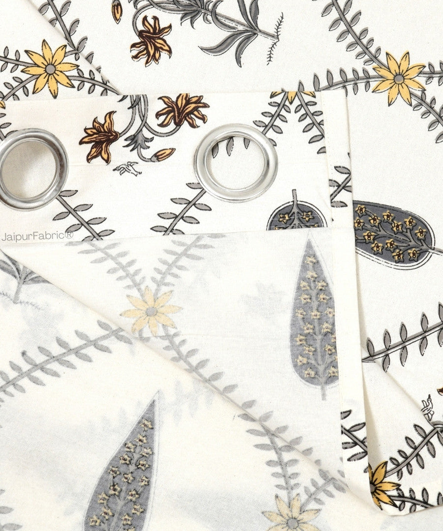 Beautiful Yellow & Grey Pookalam Floral Symphony Rihaa Handblock Printed Curtains