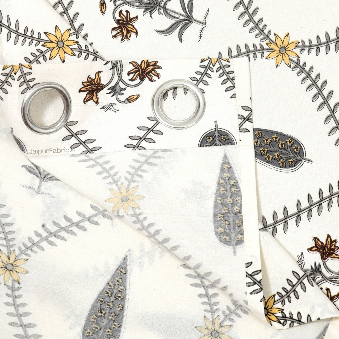 Beautiful Yellow & Grey Pookalam Floral Symphony Rihaa Handblock Printed Curtains