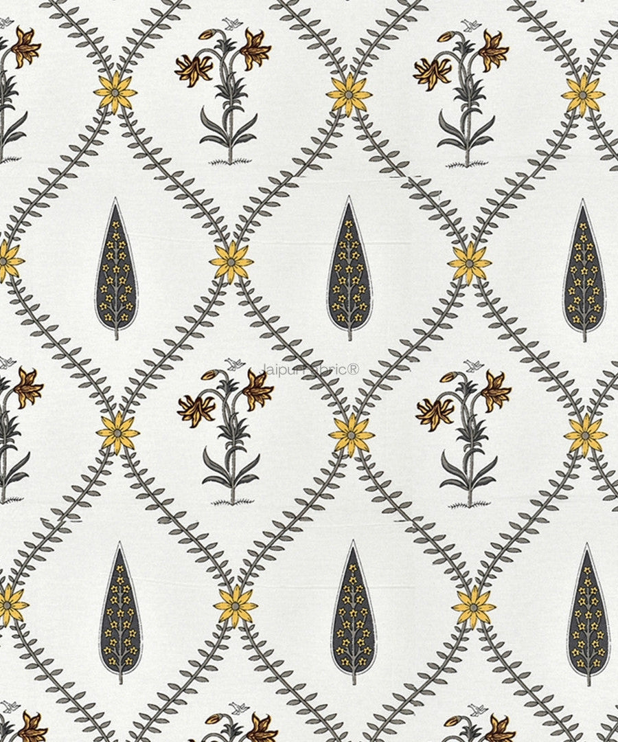 Beautiful Yellow & Grey Pookalam Floral Symphony Rihaa Handblock Printed Curtains