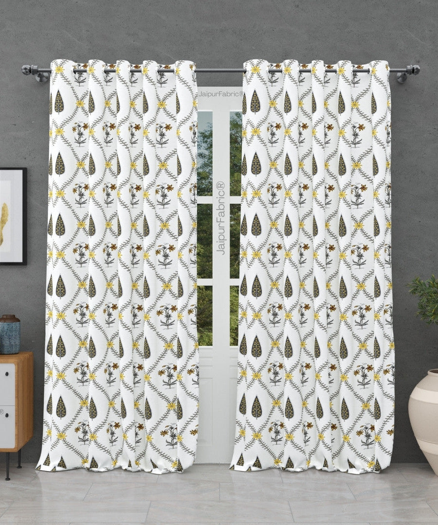 Beautiful Yellow & Grey Pookalam Floral Symphony Rihaa Handblock Printed Curtains