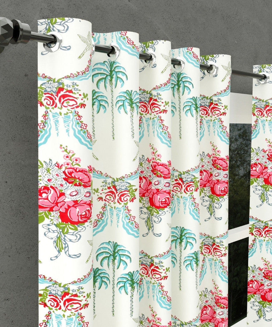 Vibrant Rose Bouquet Block Printed Jaipur Mela Cotton Curtains