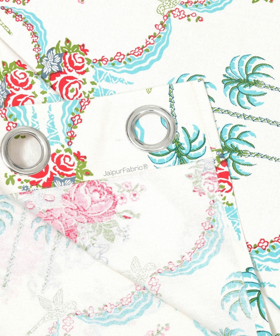 Vibrant Rose Bouquet Block Printed Jaipur Mela Cotton Curtains