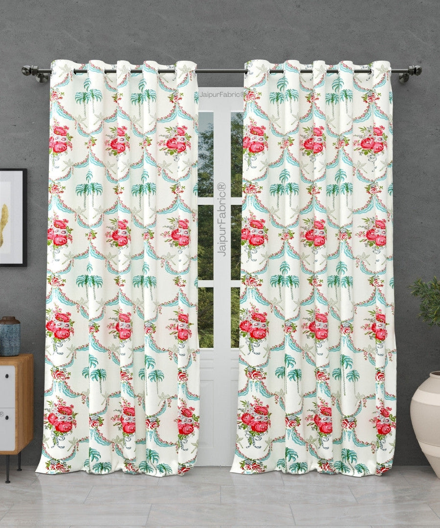 Vibrant Rose Bouquet Block Printed Jaipur Mela Cotton Curtains