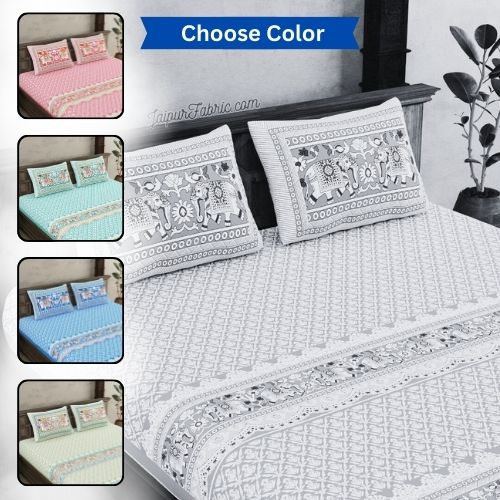 Super King Size 10 Feet Wide Bedsheet with Jaipuri Elephant Print – Choose Your Favorite Color