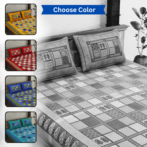 Multicolor Checkered Super Fine Cotton Double Bedsheet – Choose Your Favorite Border