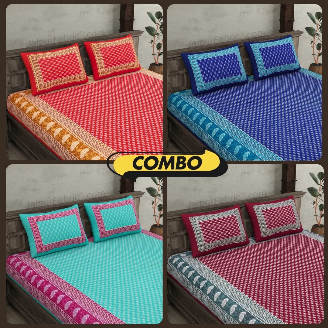 Floral Pattern Screen Print Cotton Double Bedsheet Combo of 4