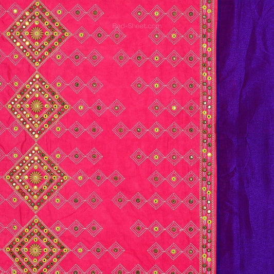 Purple and Rani Border Rajwada Style Silk Bedsheet with Regal Patterns