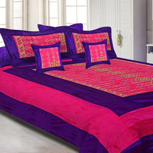 Purple and Rani Border Rajwada Style Silk Bedsheet with Regal Patterns