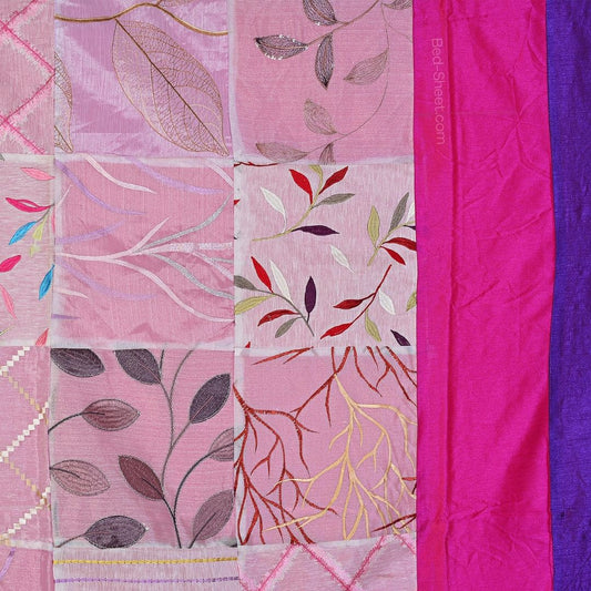 Magenta and Purple Border Silk Bedsheet with Pink Tissue Patchwork and Embroidery