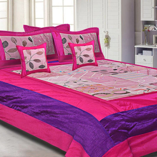 Magenta and Purple Border Silk Bedsheet with Pink Tissue Patchwork and Embroidery