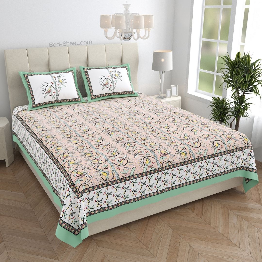 Perky Parrots Peach Pure Cotton King Size Bedsheet