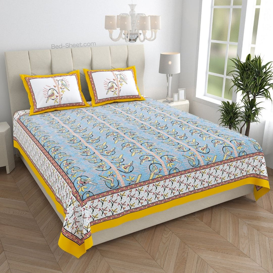 Perky Parrots Blue Pure Cotton King Size Bedsheet