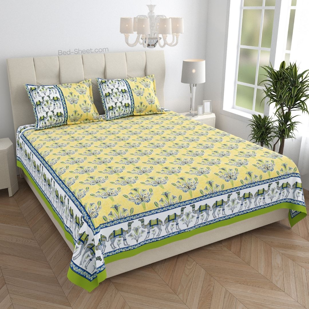 Floral Corsage Yellow Pure Cotton King Size Bedsheet