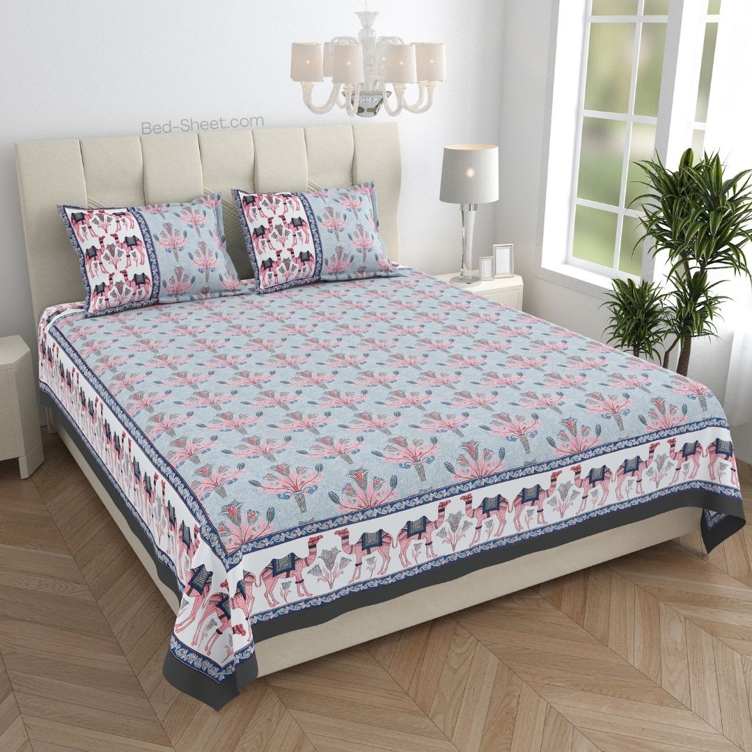 Floral Corsage Blue Pure Cotton King Size Bedsheet