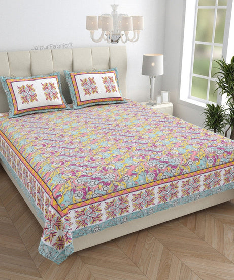 Fresh & Frisky Colourful Dales Blue and Gracious Spread Grey Pure Cotton King Size Bedsheet Combo of 3