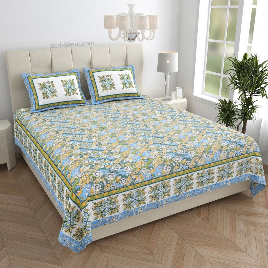 Delightful Dales Blue Pure Cotton King Size Bedsheet