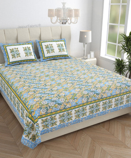 Fresh & Frisky Colourful Dales Blue and Gracious Spread Grey Pure Cotton King Size Bedsheet Combo of 3