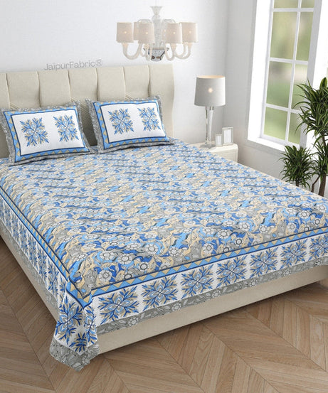 Fresh & Frisky Colourful Dales Blue and Gracious Spread Grey Pure Cotton King Size Bedsheet Combo of 3