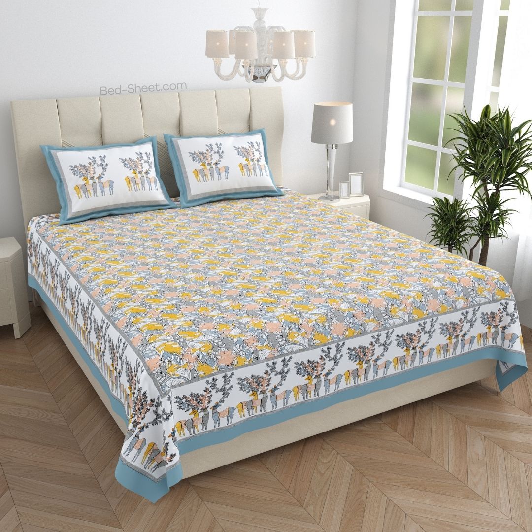 Deer Forest Yellow Pure Cotton King Size Bedsheet