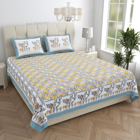 Deer Forest Yellow Pure Cotton King Size Bedsheet