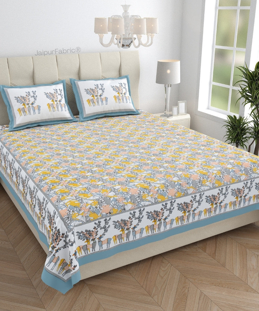 Deer Forest Yellow Pure Cotton King Size Bedsheet