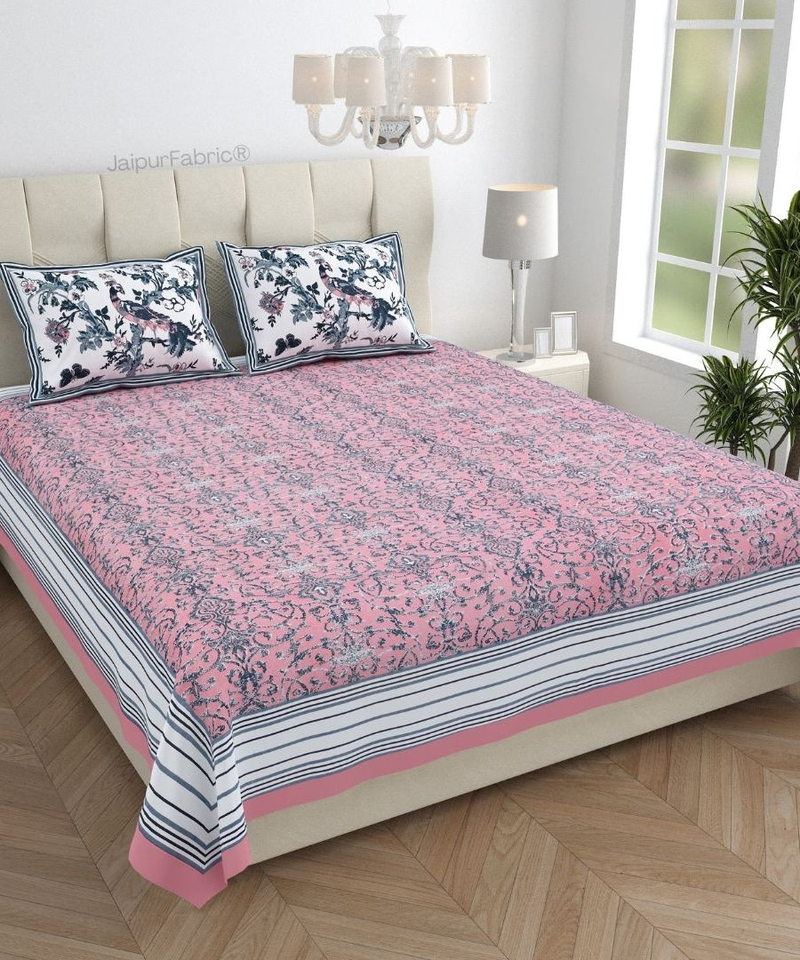 Peacock Park Pink Pure Cotton King Size Bedsheet