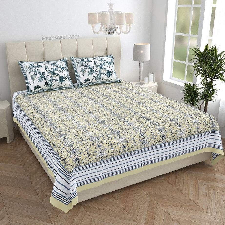 Peacock Park Yellow Pure Cotton King Size Bedsheet